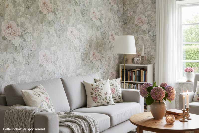 Blomstret tapet skaber liv i stuen Blomstret tapet skaber liv i stuen